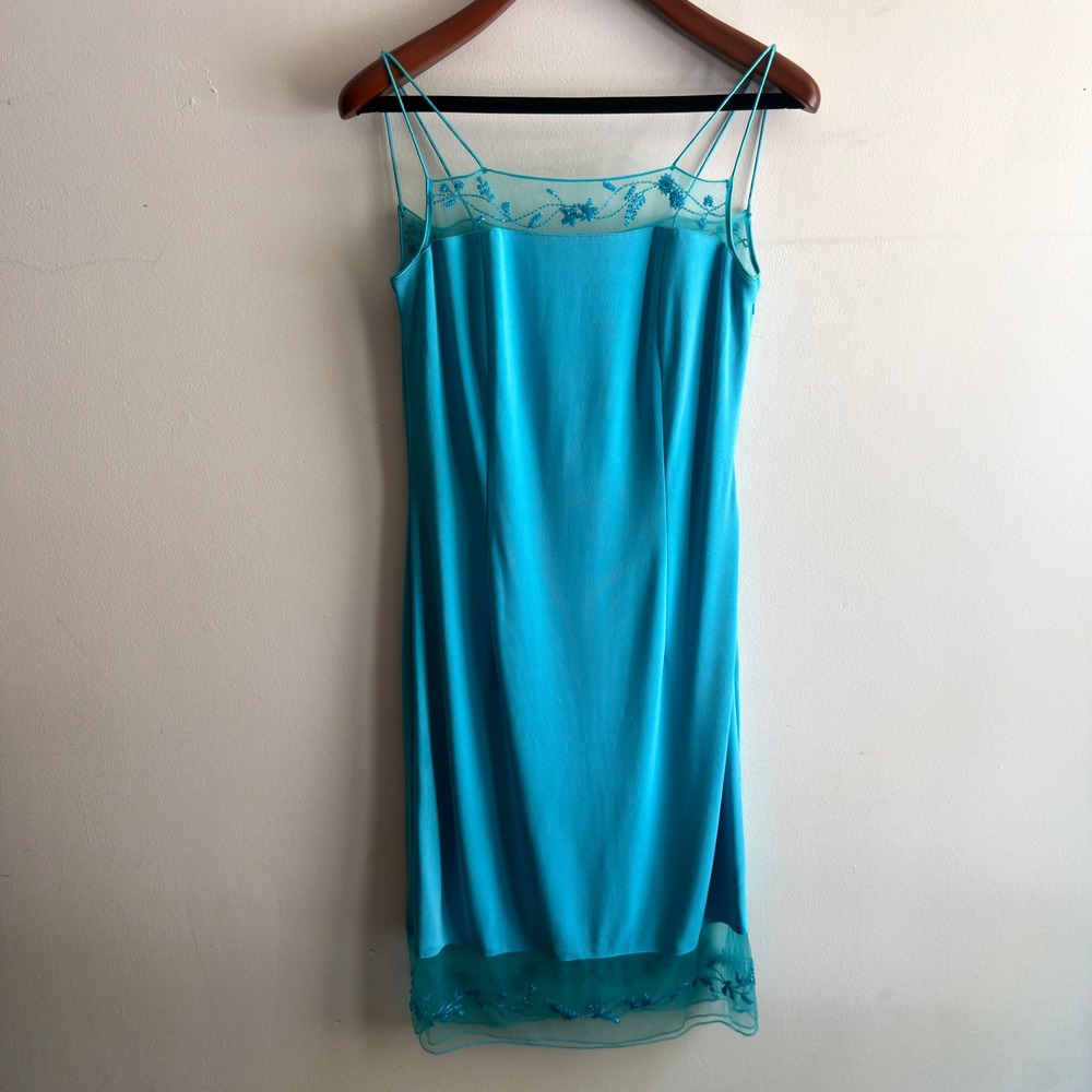Cache Vtg Beaded Mesh Hem Dress Turquoise Blue 10 Sheer Trim Siren Mermaid‎ Y2K
